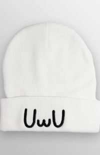 A white beanie hat with a cuffed brim, featuring a simple black embroidered design resembling a stylized, cartoonish face with two 'U' shapes for eyes and a 'w' for a mouth, placed in the center of the fold